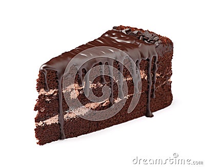 Piece of delicious chocolate cake isolated Stock Photo