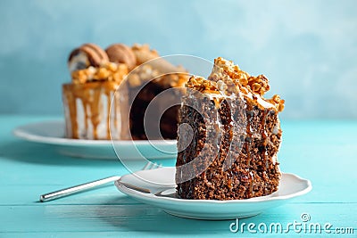 Piece of delicious homemade cake with caramel sauce Stock Photo