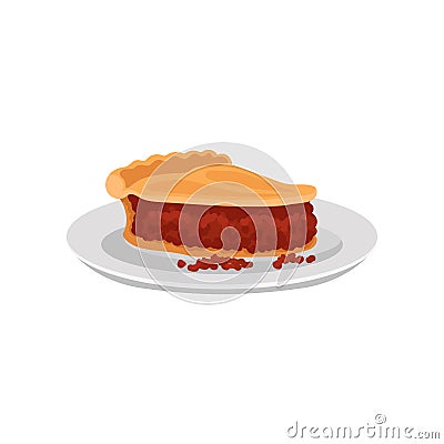 Piece of delicious pork pie on white plate. Traditional English meal. British cuisine. Food theme. Flat vector for Vector Illustration