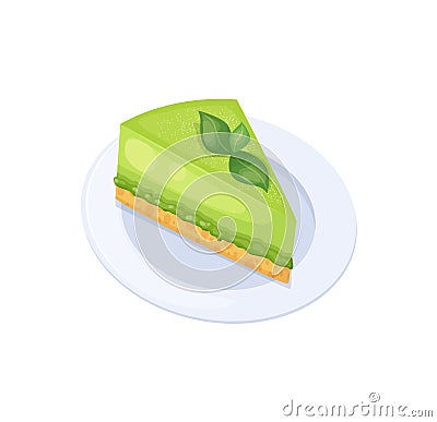 Piece of green cheesecake with matcha leaves on plate Vector Illustration