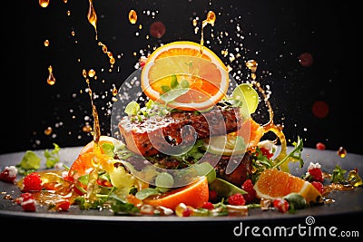 a piece of grilled meat with vegetables, oranges and sauce, serving on a plate, dark background, delicious and beautiful food Stock Photo