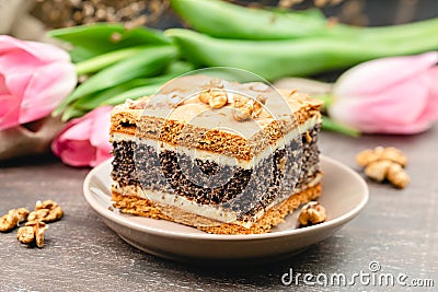 Piece of homemade poppy seed cake on a plate Stock Photo