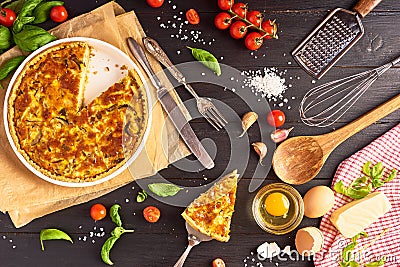 A piece Homemade quiche lorraine with chicken, mushrooms and che Stock Photo