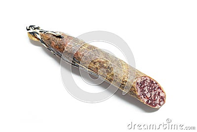 Piece of Iberian Salami Sausage Salchichon Iberico on white background Stock Photo