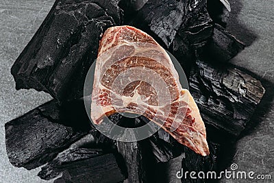 A piece of juicy meat steak lying on a burnt log of wood on a stone table Stock Photo