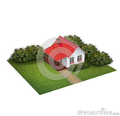 A piece of land with lawn with house and bushes Stock Photo