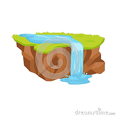 Piece of Land with Waterfall Isolated Illustration Vector Illustration