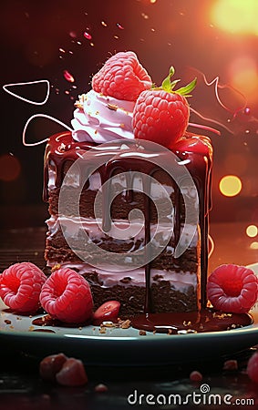 A piece of tasty chocolate cake with raspberries Stock Photo