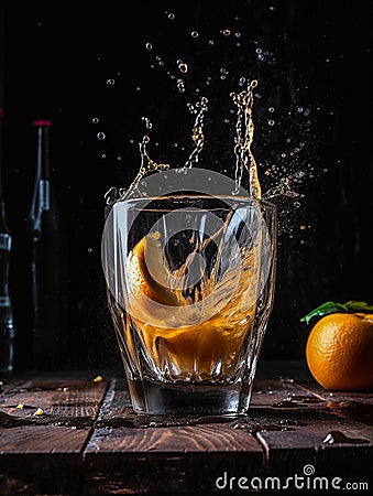 A piece of lemon and orange falls into a glass of water and splashes fly in all directions Stock Photo