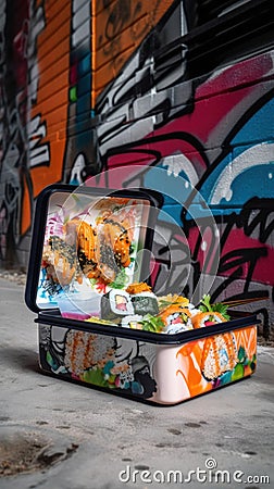 A piece of luggage sitting in front of a graffiti covered wall. Generative AI image. Stock Photo