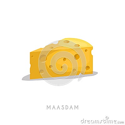 Piece of maasdam. Cartoon flat style cheese segment. Fresh diary product. Vector illustration single icon Vector Illustration