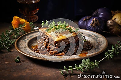 a piece of moussaka on a rustic plate with garnish Stock Photo