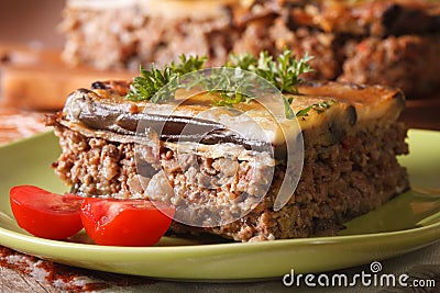 Piece of moussaka with tomatoes on a plate macro. horizontal Stock Photo