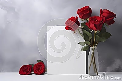 a piece of paper and red roses on a gray background, an isolated background, Stock Photo