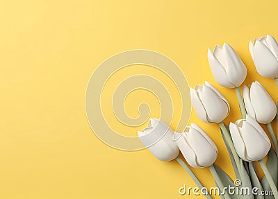 a piece of paper and white tulips on a yellow background, an isolated background, Stock Photo