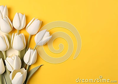 a piece of paper and white tulips on a yellow background, an isolated background, Stock Photo