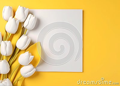 a piece of paper and white tulips on a yellow background, an isolated background Stock Photo
