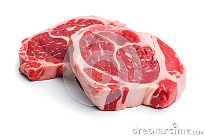 Piece of pork meat intended for a cutlet, with a high fat content, placed on a white background. Stock Photo