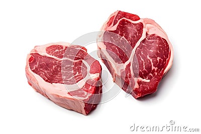 Piece of pork meat intended for a cutlet, with a high fat content, placed on a white background. Stock Photo