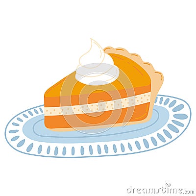 Piece of pumpkin pie on plate isolaed on white background, cozy autumn food, time for hygge Vector Illustration