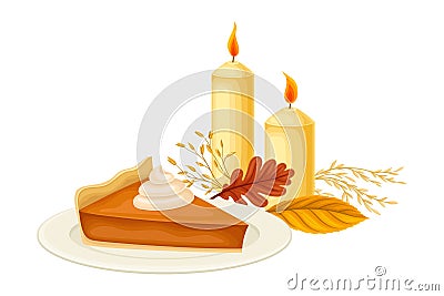 Piece of Pumpkin Pie with Whipped Cream and Burning Candles as Thanksgiving Autumnal Holiday Vector Composition Vector Illustration