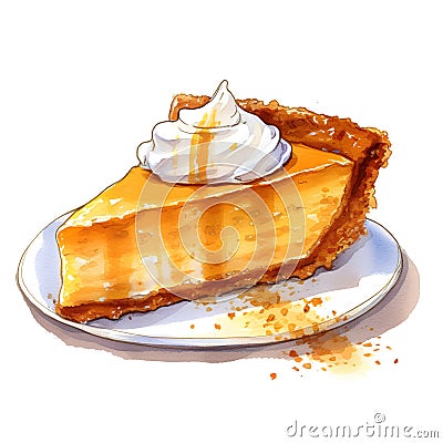 Piece of pumpkin pie with whipped cream. Watercolor hand drawn illustration Cartoon Illustration