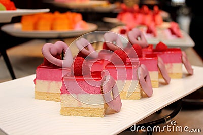 Piece of raspberry No Bake Layer Cake Stock Photo