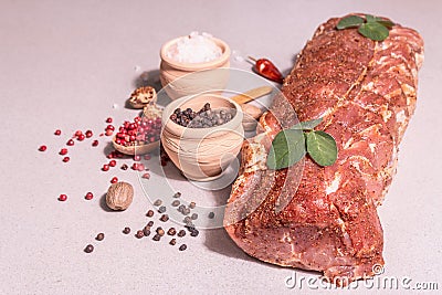 A piece of raw pork loin, marinated fresh meat tied with culinary twine with spices Stock Photo