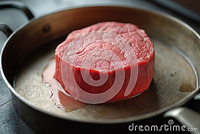 A piece of red meat is sitting in a pan on a stove Stock Photo