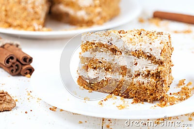 Piece of sliced gourmet carrot cake dessert with Stock Photo