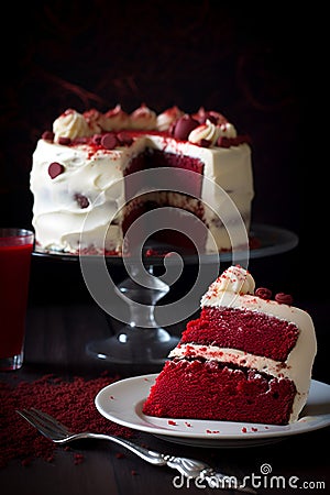 Piece of sponge cream cake Red velvet on a plate. Generated AI Stock Photo