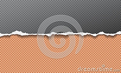 Piece of torn horizontal paper strip is on black and orange squared background. Vector illustration Vector Illustration