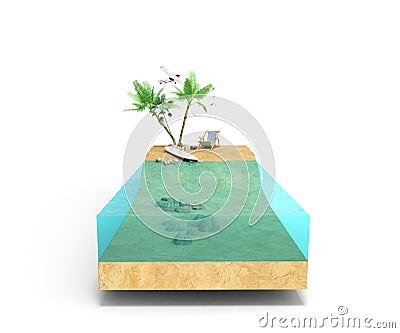 Piece of tropical island with water and palms on a beach in cross section Unusual travel 3d illustration Isolated on white Cartoon Illustration