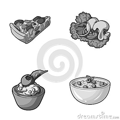 Piece of vegetarian pizza with tomatoes, lettuce leaves with mushrooms, blueberry cake, vegetarian soup with greens Vector Illustration