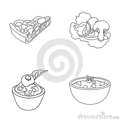 Piece of vegetarian pizza with tomatoes, lettuce leaves with mushrooms, blueberry cake, vegetarian soup with greens Vector Illustration