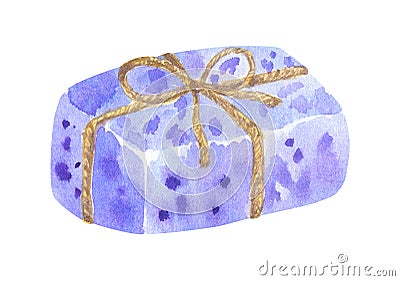 Piece of violet lavender wrapped soap. Hand drawn watercolor illustration. Isolated on white background. Cartoon Illustration