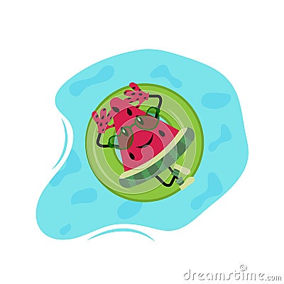 Piece of watermelon with glasses.Summer fruits. Vector watermelon in pool. Cute cartoon characters Vector Illustration