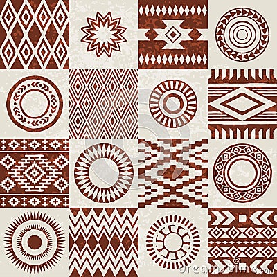 Pieces of American Indians ethnic patterns compiled in seamless texture. Vector Illustration