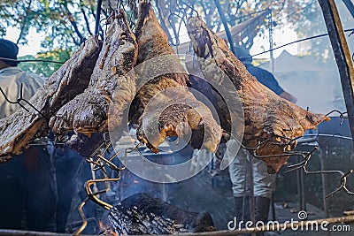 Pieces of beef carcass on the grill, traditional Argentinean food Stock Photo