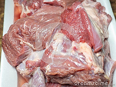 Pieces of beef. Cooking meat for minced meat. Beef fillet on the table. Ingredient for a colorful lunch Stock Photo