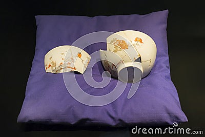 Pieces of broken Japanese porcelain merchandise exhibited in the museum in Dejima, Nagasaki Editorial Stock Photo