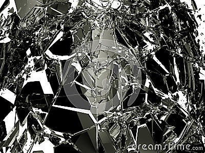 Pieces of Broken Shattered black glass isolated on white Stock Photo