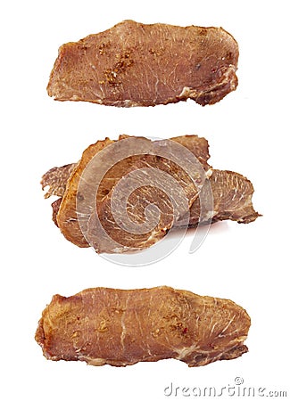 Pieces of cured pork isolated on white background. Portion of dried pork on white background. Dried pork isolate Stock Photo