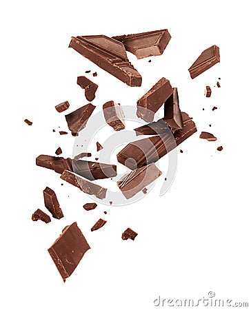 Pieces of dark chocolate falling close up on a white background Stock Photo