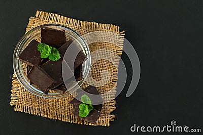 Pieces Dark Chocolate Mint Black Background Flat Lay Copy Space Stock Photo