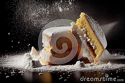 pieces of delicious sponge cake crumbs in powdered sugar for breakfasts Stock Photo