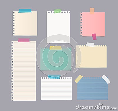 Pieces of different size colorful note, notebook, copybook paper sheets stuck with sticky tape on gray background Stock Photo