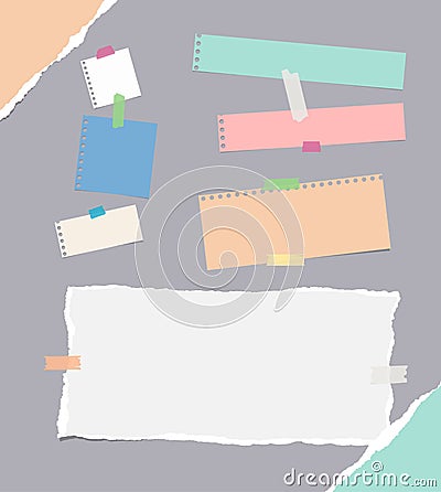 Pieces of different size ruled and blank colorful note, notebook, copybook paper sheets, strips stuck with sticky tape Vector Illustration