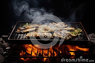 Grilled fish on the flaming grill with smoke on a black background. Stock Photo