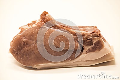 Pieces of fresh raw pork appetizing close-up on a white background. Stock Photo